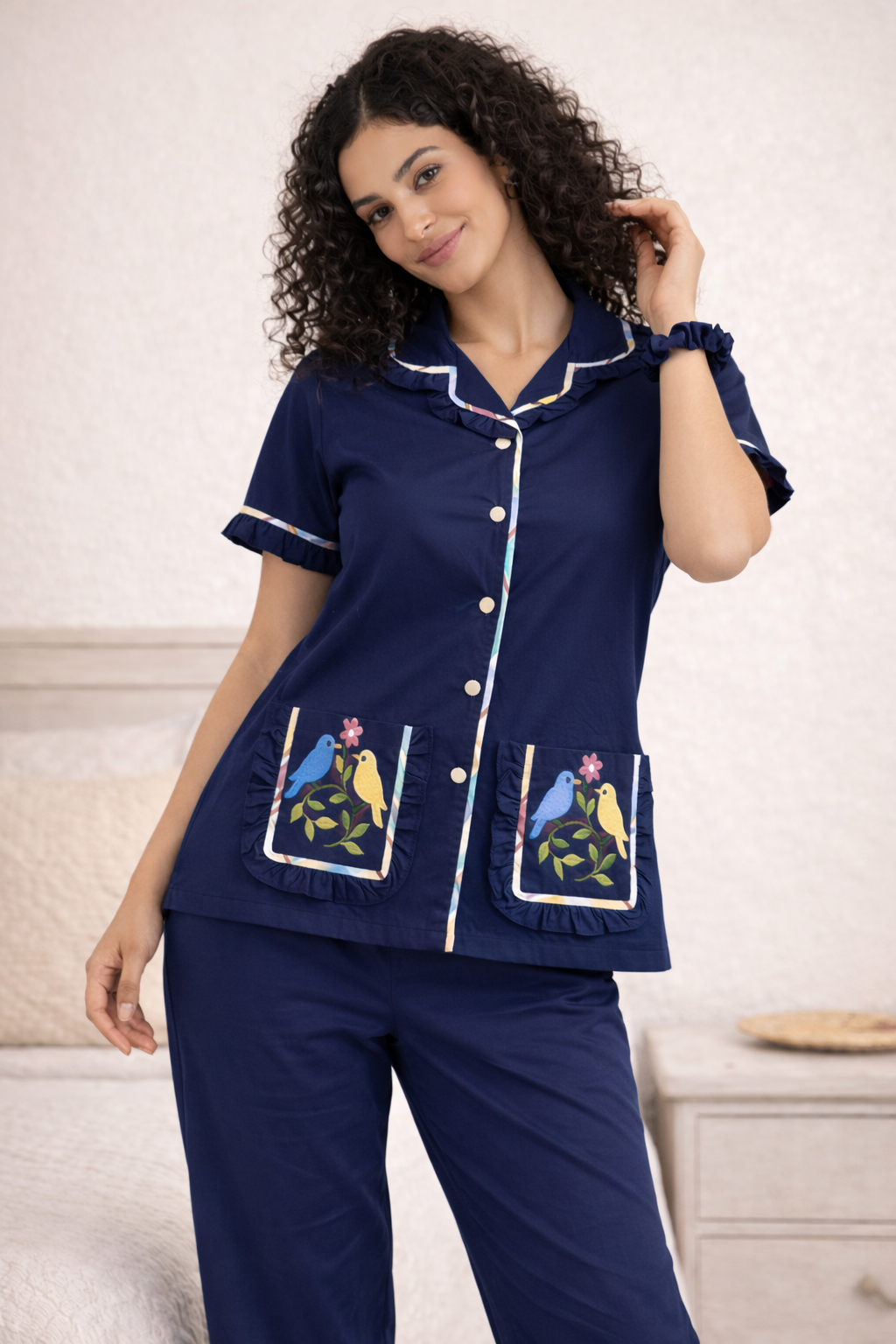 Navy blue  Plain Frill with Embroidery