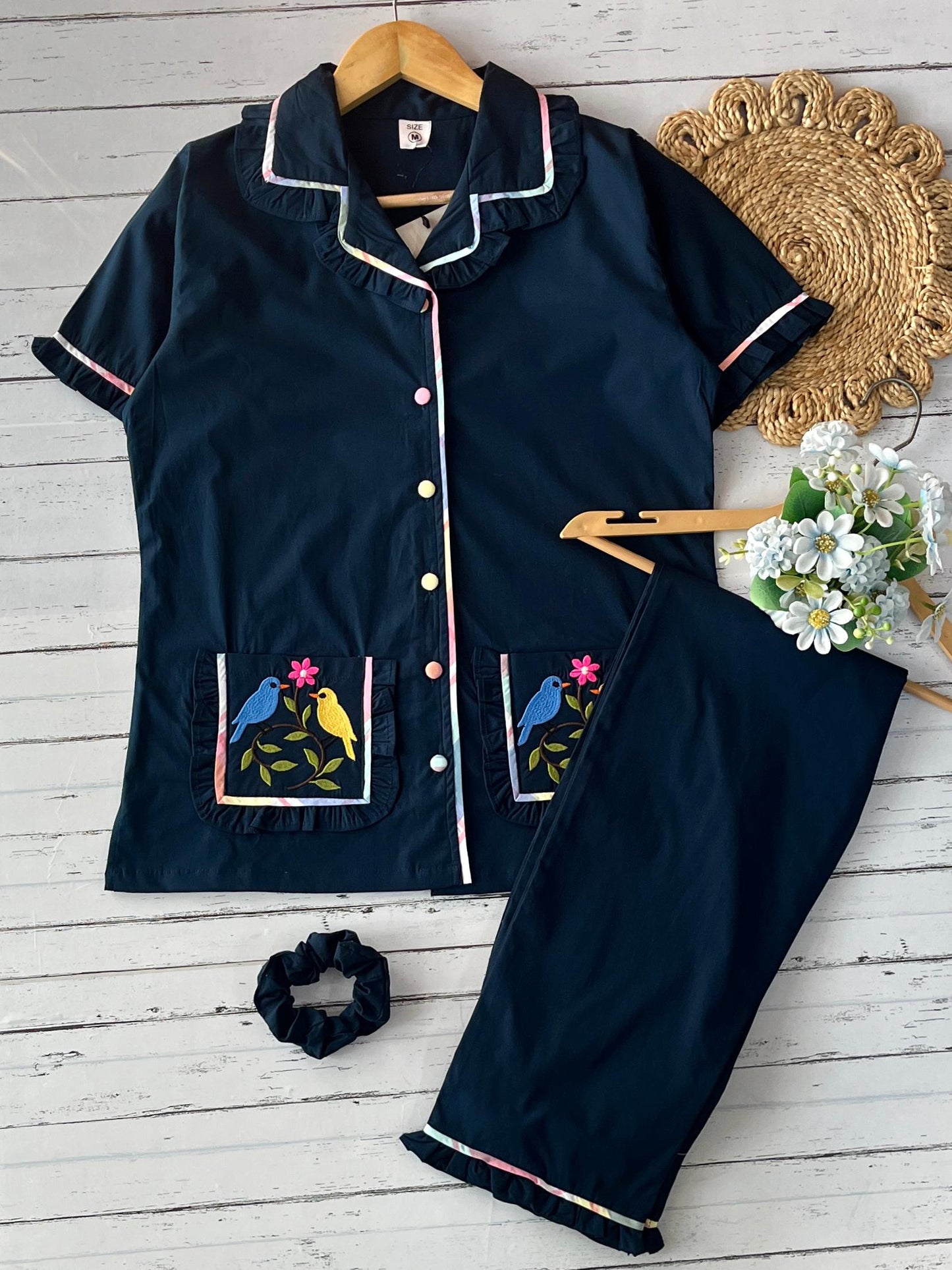 Navy blue  Plain Frill with Embroidery