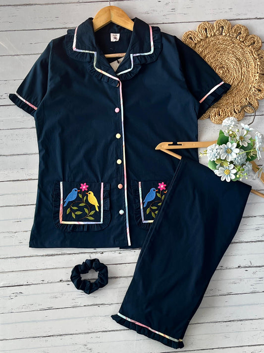 Navy blue  Plain Frill with Embroidery