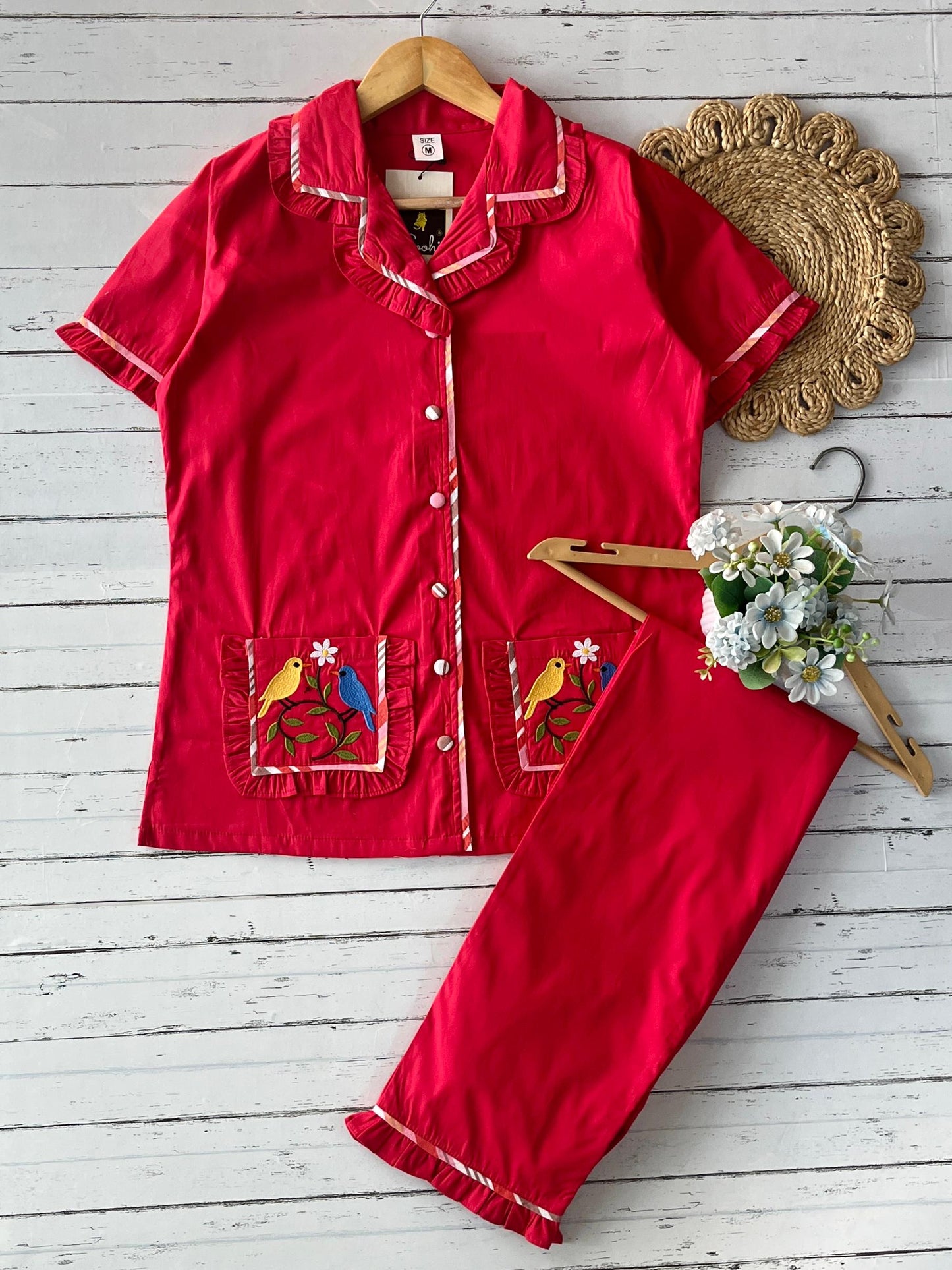 Red Plain Frill with Embroidery