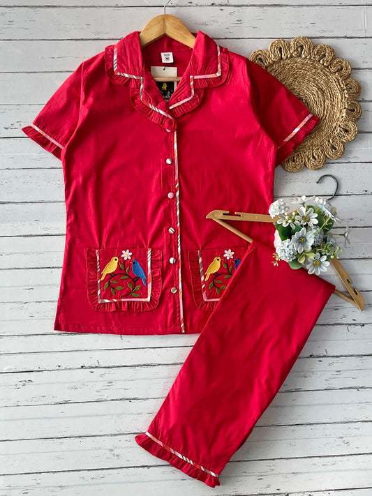 Red Plain Frill with Embroidery