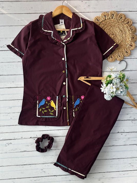 Dark wine Plain Frill with Embroidery