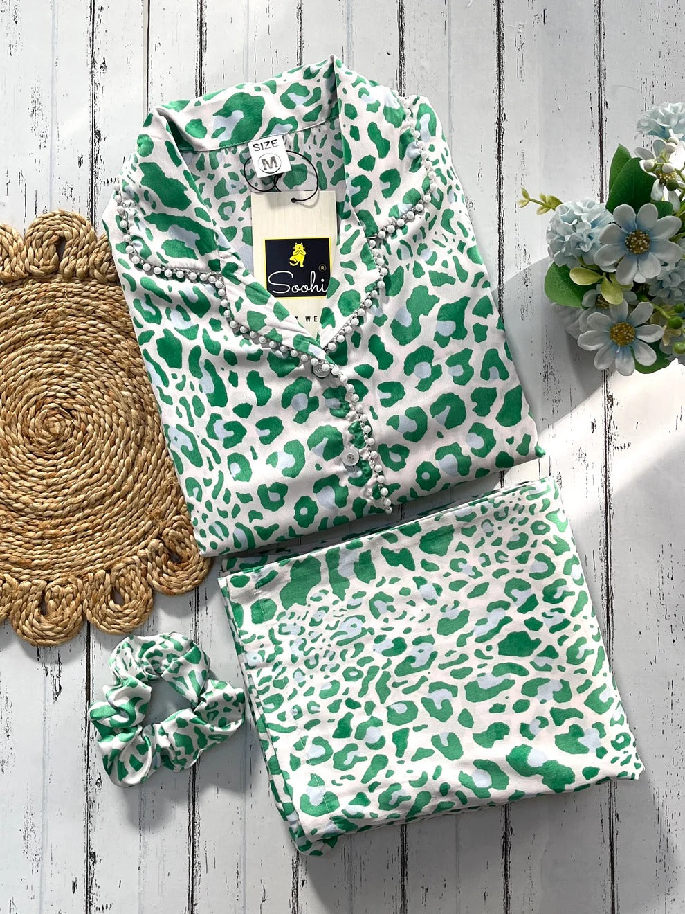Green leopard Satin