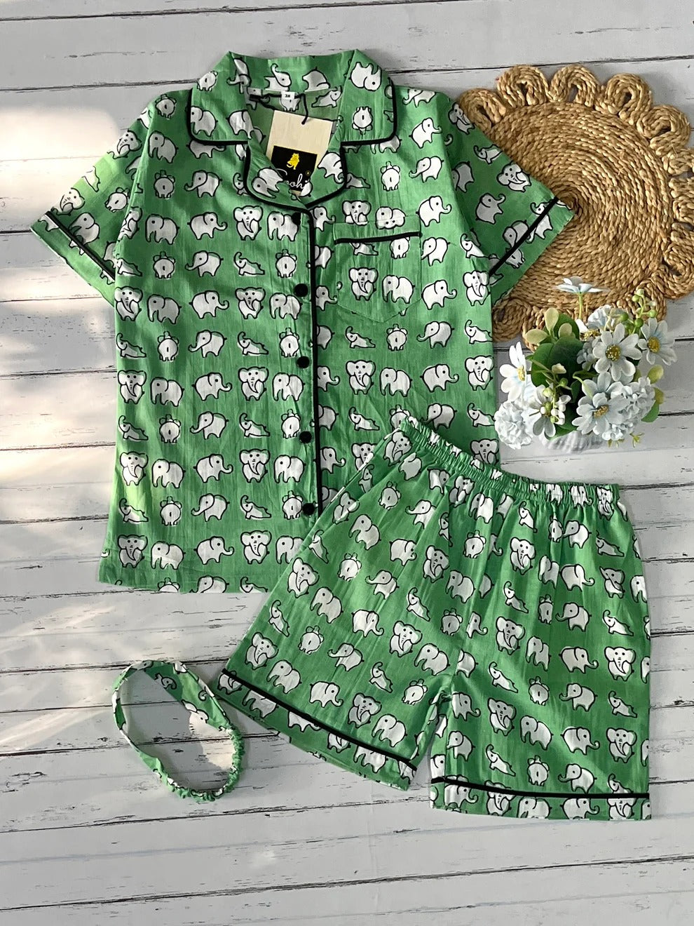 Green Elephant Shorts Set