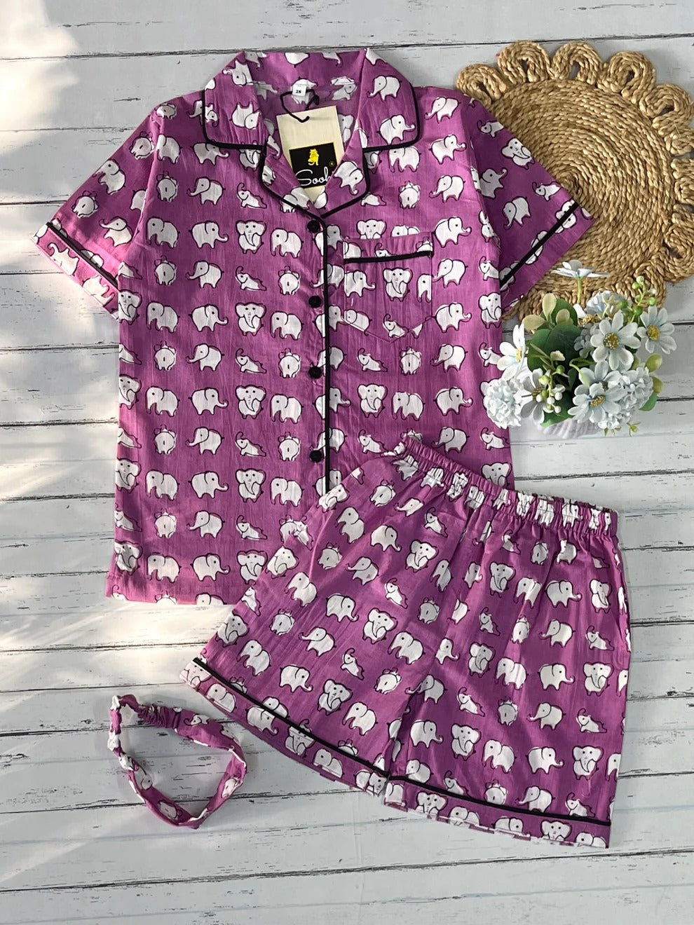 Purple Elephant Shorts Set