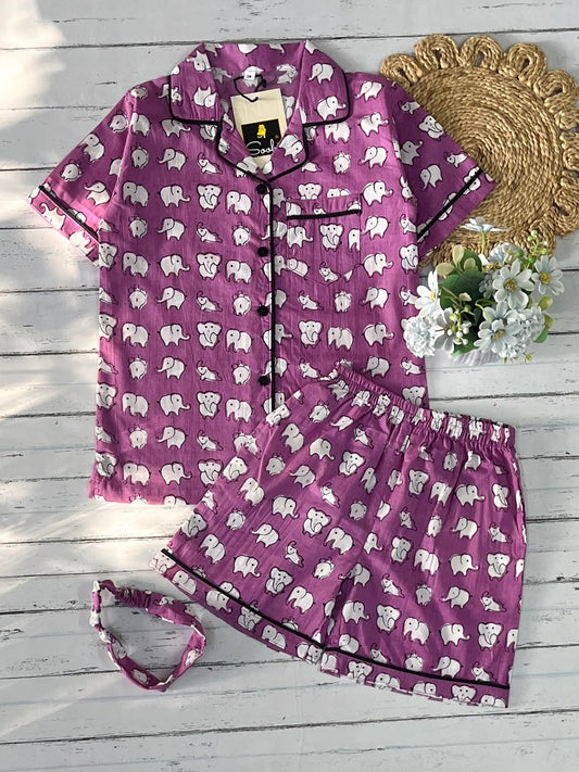 Purple Elephant Shorts Set
