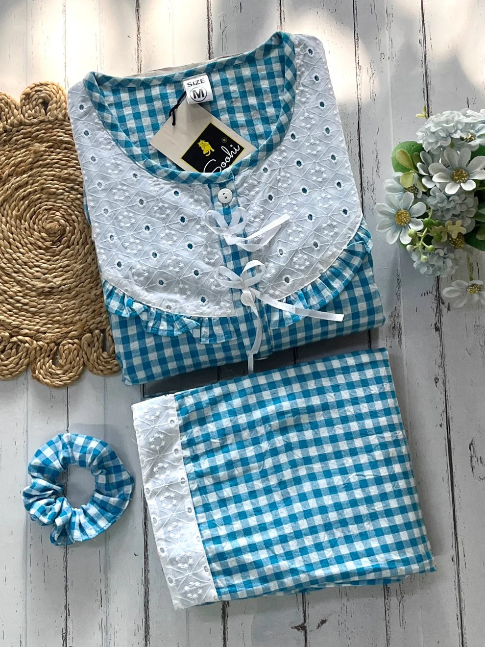 Blue  Candy Check Round Neck