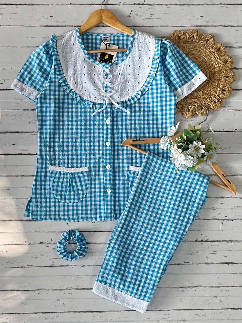 Blue  Candy Check Round Neck