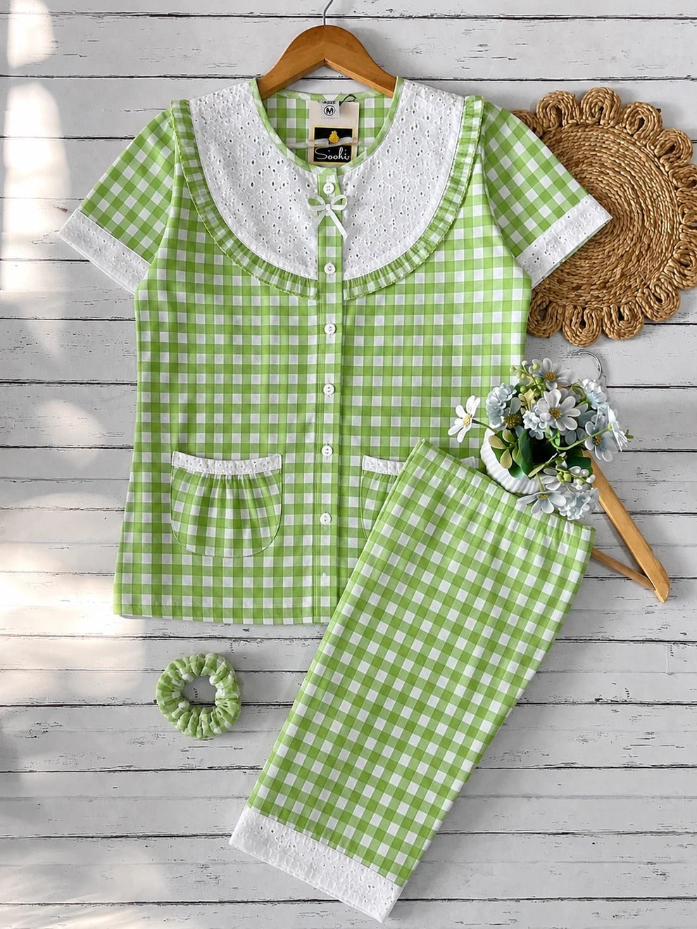 Green Candy Check Round Neck