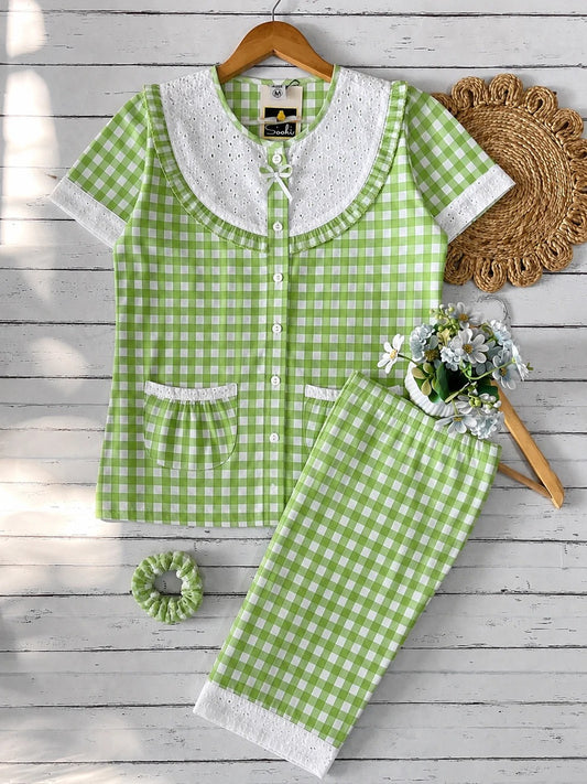 Green Candy Check Round Neck