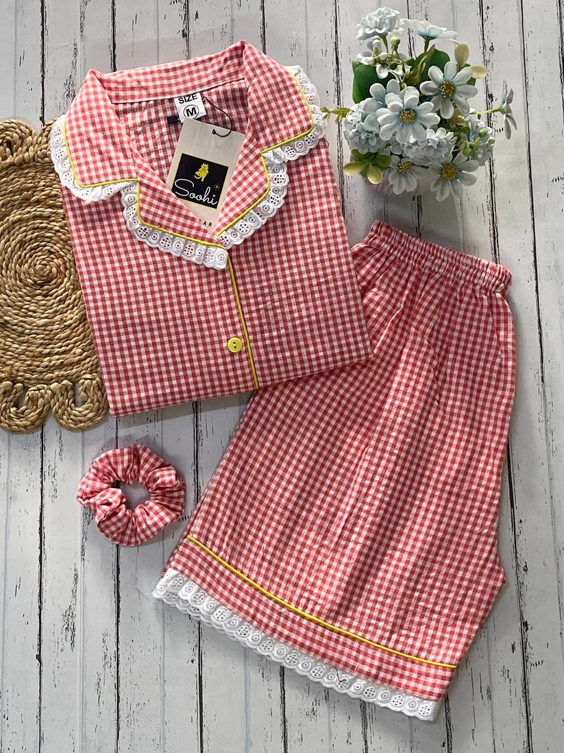 Orange check with shorts